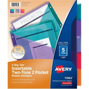 imageAvery Big Tab Insertable Plastic 2 Pocket Dividers for 3 Ring Binders 5 Tab Set TwoTone Multicolor Works with Sheet Protectors 1 Binder Divider Set 11982
