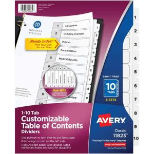 imageAvery Dividers for 3 Ring Binders 10 Tabs per Set Customizable Table of Contents Classic White Tabs Great for Organizing Reports Projects and More 6 Sets of 11823One Size Pack of 8