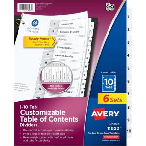 imageAvery Dividers for 3 Ring Binders 10 Tabs per Set Customizable Table of Contents Classic White Tabs Great for Organizing Reports Projects and More 6 Sets of 11823One Size