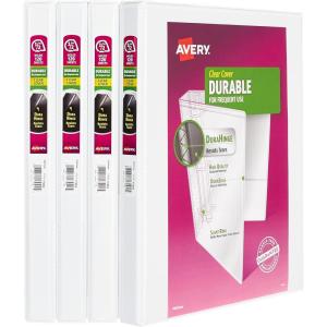 imageAvery Durable View 3 Ring Binders for Home School Supplies Office or Organization Needs 05quot Slant Ring 4 Pack White Binders 033624 Pack
