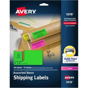 imageAvery Printable Address Labels with Sure Feed 2quot x 4quot Assorted Neon Magenta Green Yellow 150 Blank Mailing Labels 5978Assorted