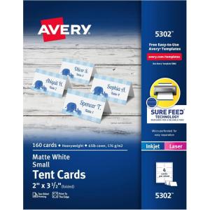 imageAvery Printable Tent Cards with Sure Feed Technology 2quot x 35quot Ivory 160 Blank Place Cards for Laser or Inkjet Printers 5913White