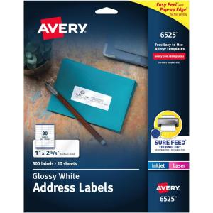imageAvery Address Labels Sure Feed and Easy Peel Technology Glossy White Labels 1quot x 258quot Permanent LaserInkjet 750 Total 6526300 labels