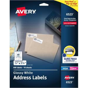 imageAvery Address Labels Sure Feed and Easy Peel Technology Glossy White Labels 1quot x 258quot Permanent LaserInkjet 750 Total 6526600 labels