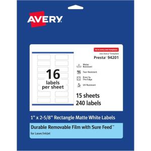 imageAvery Durable Removable Rectangle Labels Sure Feed Technology 1quot x 258quot Matte White Film WaterResistant PrinttoTheEdge LaserPigmentBased Inkjet Printable 400 Total240 labels
