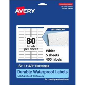 imageAvery Durable Waterproof Rectangle Labels Sure Feed Technology 05quot x 175quot 800 Total Oil and TearResistant Waterproof LaserPigmentBased Inkjet Printable400 labels