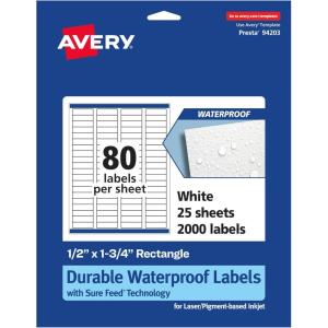 imageAvery Durable Waterproof Rectangle Labels Sure Feed Technology 05quot x 175quot 800 Total Oil and TearResistant Waterproof LaserPigmentBased Inkjet Printable2 000 labels