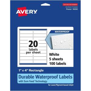 imageAvery Durable Waterproof Rectangle Labels with Sure Feed 1quot x 4quot 500 Oil and TearResistant Labels LaserPigmentBased Inkjet Printable100 labels