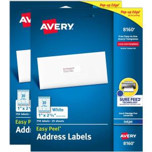 imageAvery Easy Peel Printable Address Labels with Sure Feed 1quot x 258quot Customizable Stickers White 1500 Blank Mailing Labels Great for Mailing Shipping and More 2Pack of 081601 500 labels