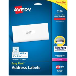 imageAvery Easy Peel Printable Address Labels with Sure Feed 1quot x 258quot Customizable Stickers White 750 Blank Mailing Labels Great for Mailing Shipping and More 5260750 labels