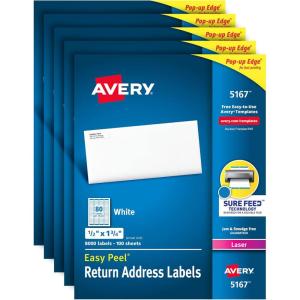 imageAvery Mailing Address Labels Laser Printers 40000 Labels 12 x 134 Permanent Adhesive Easy Peel 5 Packs 516712 x 1 34 Pack of 5