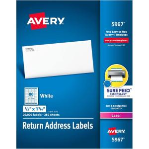 imageAvery Mailing Address Labels Laser Printers 40000 Labels 12 x 134 Permanent Adhesive Easy Peel 5 Packs 5167One Size