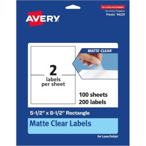 imageAvery Matte Clear Rectangle Labels 55quot x 85quot 50 Matte Clear Labels LaserInkjet Printable200 labels