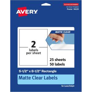 imageAvery Matte Clear Rectangle Labels 55quot x 85quot 50 Matte Clear Labels LaserInkjet Printable50 labels