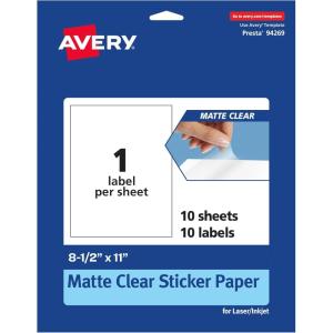 imageAvery Matte Clear Rectangle Sticker Sheets 85quot x 11quot 10 Matte Clear Labels LaserInkjet Printable LabelsMatte Clear