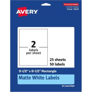 imageAvery Matte White Rectangle Labels 55quot x 85quot 50 White Labels Permanent Adhesive LaserInkjet Printable50 labels