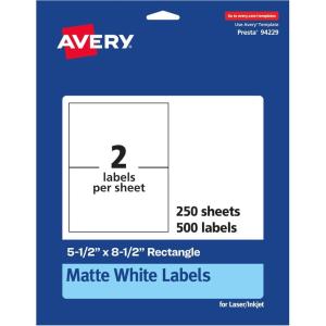 imageAvery Matte White Rectangle Labels 55quot x 85quot 50 White Labels Permanent Adhesive LaserInkjet Printable500 labels