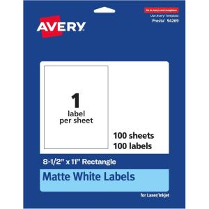 imageAvery Matte White Rectangle Labels 85quot x 11quot 25 White Labels Permanent Adhesive LaserInkjet Printable100 labels