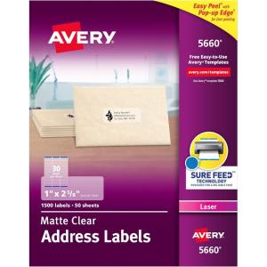 imageAvery Printable Address Labels with Sure Feed 1quot x 258quot Matte Clear 1500 Blank Mailing Labels 056601 500 labels