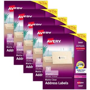 imageAvery Printable Address Labels with Sure Feed 1quot x 258quot Matte Clear 1500 Blank Mailing Labels 056607 500 labels