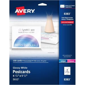 imageAvery Printable Postcards 425quot x 55quot Matte White 200 Blank Postcards for Inkjet Printers 8387Glossy White