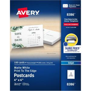 imageAvery Printable Postcards 425quot x 55quot Matte White 200 Blank Postcards for Inkjet Printers 8387Matte White