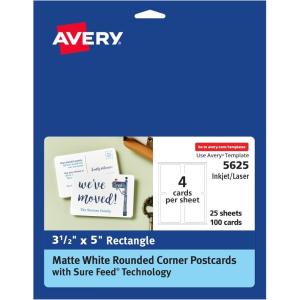 imageAvery Printable Postcards 425quot x 55quot White 200 Blank Postcards for Laser Printers 5689Matte White  Rounded Corners