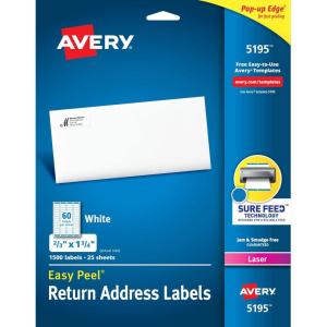 imageAvery Printable Return Address Labels with Sure Feed 23quot x 134quot White 1500 Blank Mailing Labels 0519523 in X 134 in