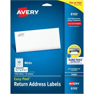 imageAvery Printable Return Address Labels with Sure Feed 23quot x 134quot White 1500 Blank Mailing Labels 08195Pack of 5 1500 Count Total