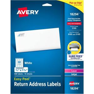 imageAvery Printable Return Address Labels with Sure Feed 23quot x 134quot White 600 Blank Mailing Labels 182943000 labels