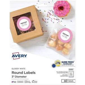 imageAvery Printable Round Labels Sure Feed Technology Glossy White Labels 2quot Diameter Permanent Adhesive LaserInkjet 120 Total 22807Glossy White