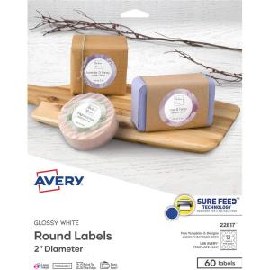 imageAvery Printable Round Labels with Sure Feed 2quot Diameter Glossy White 60 Customizable Labels 2281760 Count Pack of 1