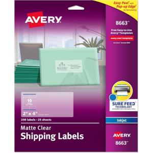imageAvery Printable Shipping Labels with Sure Feed 2quot x 4quot Customizable Stickers Matte Clear 250 Blank Mailing Labels Great for Mailing Shipping and More 8663Shipping Labels