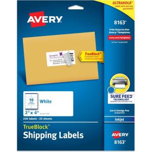 imageAvery Printable Shipping Labels with Sure Feed 2quot x 4quot Customizable Stickers White 250 Blank Mailing Labels Great for Mailing Shipping and More 8163250 labels