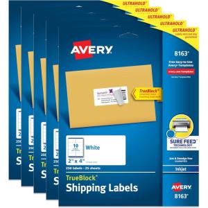 imageAvery Printable Shipping Labels with Sure Feed 2quot x 4quot Customizable Stickers White 250 Blank Mailing Labels Great for Mailing Shipping and More 81631 250 labels