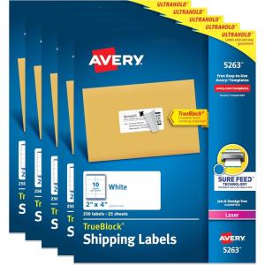 imageAvery Printable Shipping Labels with Sure Feed 2quot x 4quot Customizable Stickers White 250 Blank Mailing Labels Great for Mailing Shipping and More 52631 250 labels