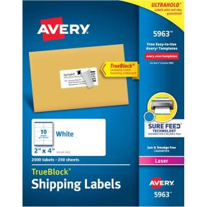 imageAvery Printable Shipping Labels with Sure Feed 2quot x 4quot Customizable Stickers White 250 Blank Mailing Labels Great for Mailing Shipping and More 52632 500 labels