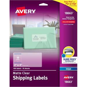 imageAvery Printable Shipping Labels with Sure Feed 2quot x 4quot Matte Clear 100 Blank Mailing Labels 18663Label