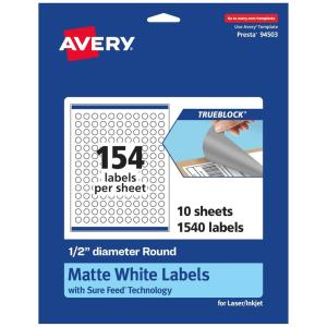 imageAvery TrueBlock Matte White Round Labels Sure Feed Technology 05quot Diameter 1540 Matte White Labels PrinttoTheEdge LaserInkjet Printable Great for Product Merchandising Stickers1 540 labels