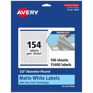 imageAvery TrueBlock Matte White Round Labels Sure Feed Technology 05quot Diameter 1540 Matte White Labels PrinttoTheEdge LaserInkjet Printable Great for Product Merchandising Stickers15 400 labels
