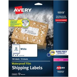 imageAvery Waterproof Printable Shipping Labels with Sure Feed 2quot x 4quot White 100 Blank Mailing Labels 15513One Size