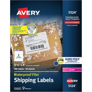 imageAvery Waterproof Printable Shipping Labels with Sure Feed 313quot x 4quot White 300 Blank Mailing Labels 55241 Pack