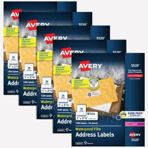 imageAvery Waterproof Sticker Labels for Printer  1quot x 258quot Mailing Labels Ultrahold Permanent Adhesive Laser Printers 1500 Printable Avery Address Label Sheets 5520One Size Pack of 5