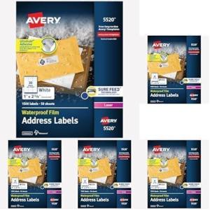 imageAvery Waterproof Sticker Labels for Printer  1quot x 258quot Mailing Labels Ultrahold Permanent Adhesive Laser Printers 1500 Printable Avery Address Label Sheets 55201 x 258 Pack of 5