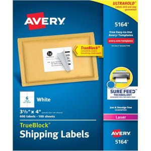 imageAvery White Shipping Labels for Laser Printers with TrueBlock Technology 3 13 Inch x 4 Inch Box of 600 5164313 in X 4 in