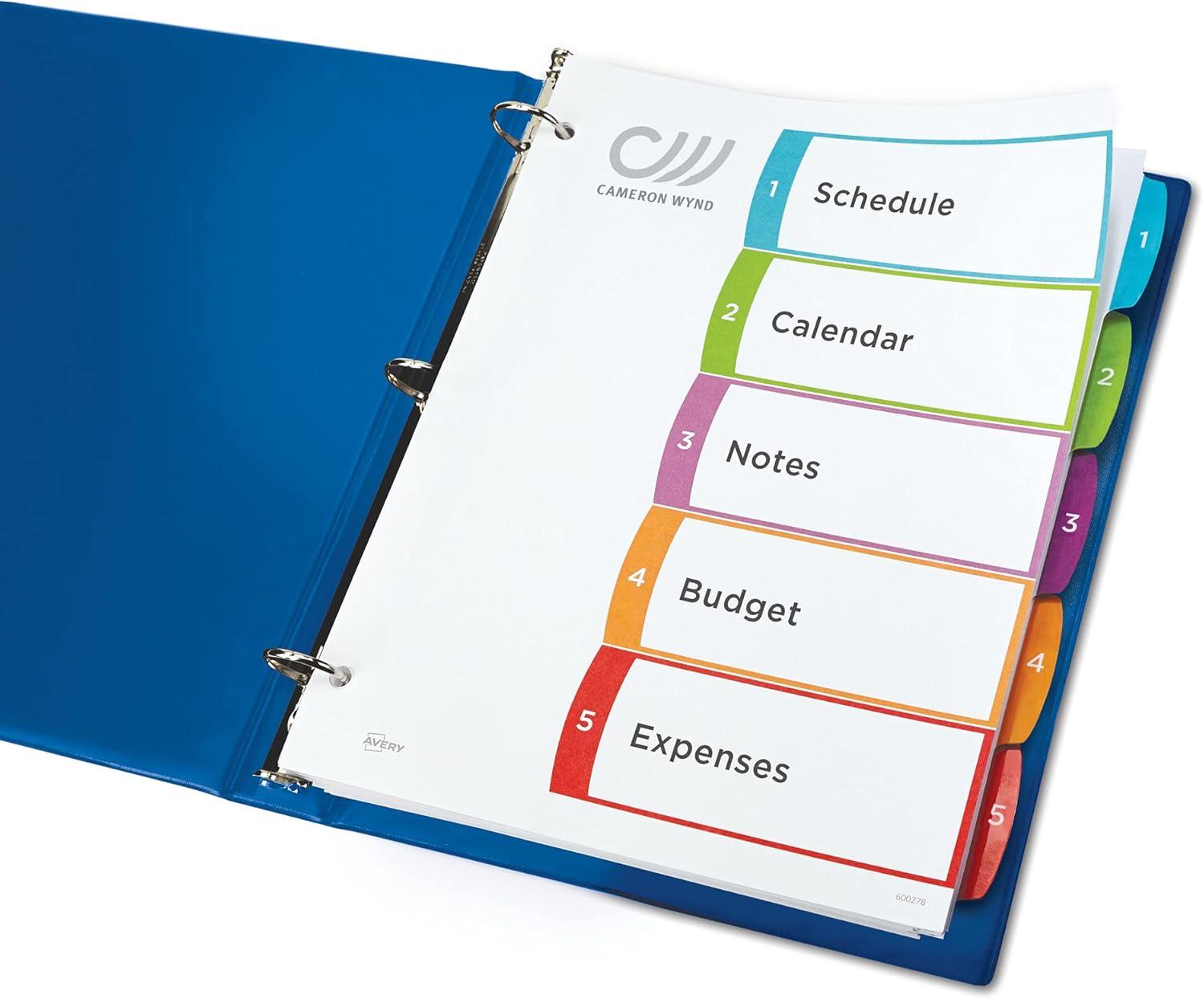 imageAvery Dividers for 3 Ring Binders 5 Tabs per Set Customizable Table of Contents Multicolor Arched Tabs Great for Organizing Reports Projects and More 11840