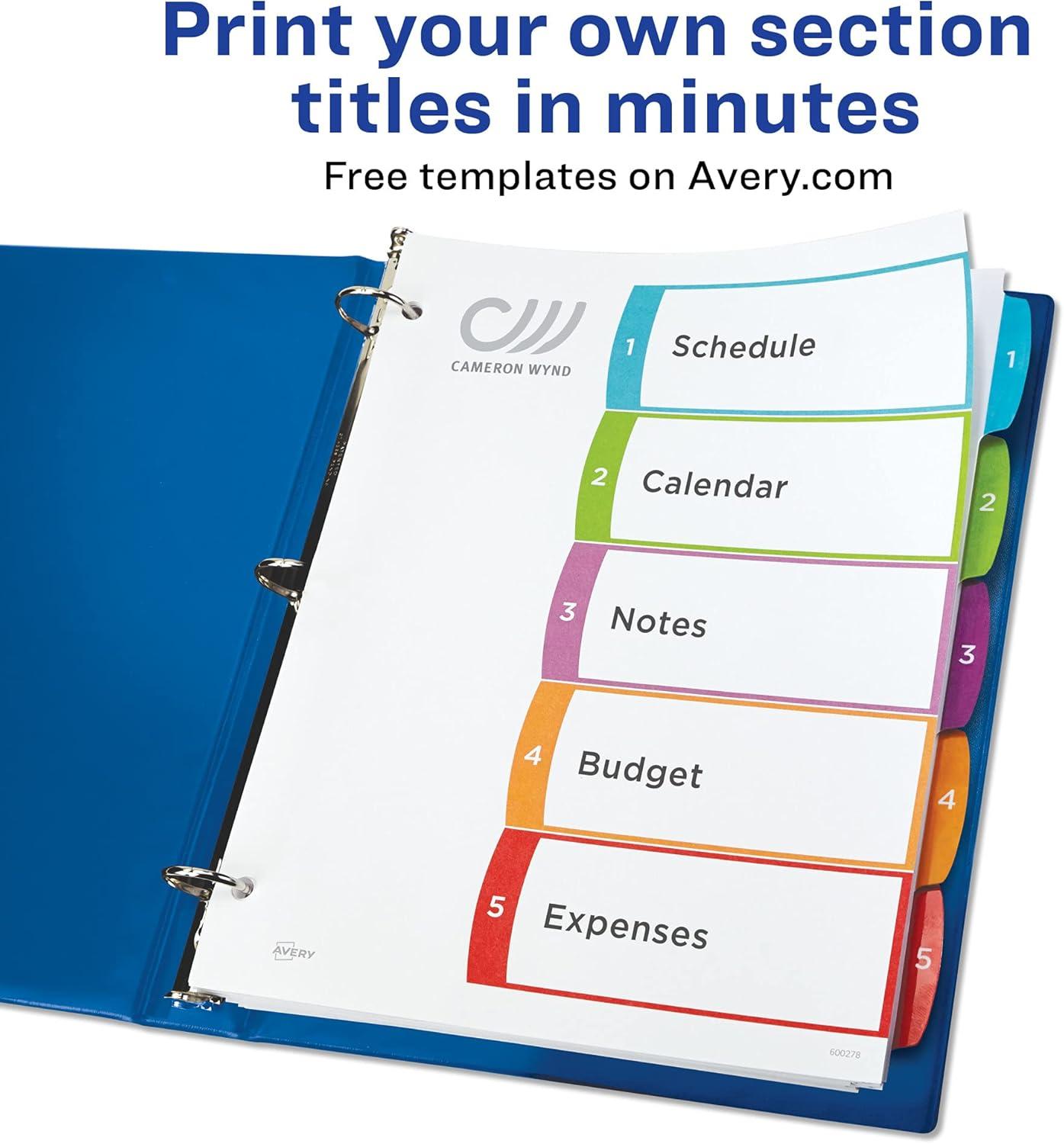 imageAvery Dividers for 3 Ring Binders 5 Tabs per Set Customizable Table of Contents Multicolor Arched Tabs Great for Organizing Reports Projects and More 11840