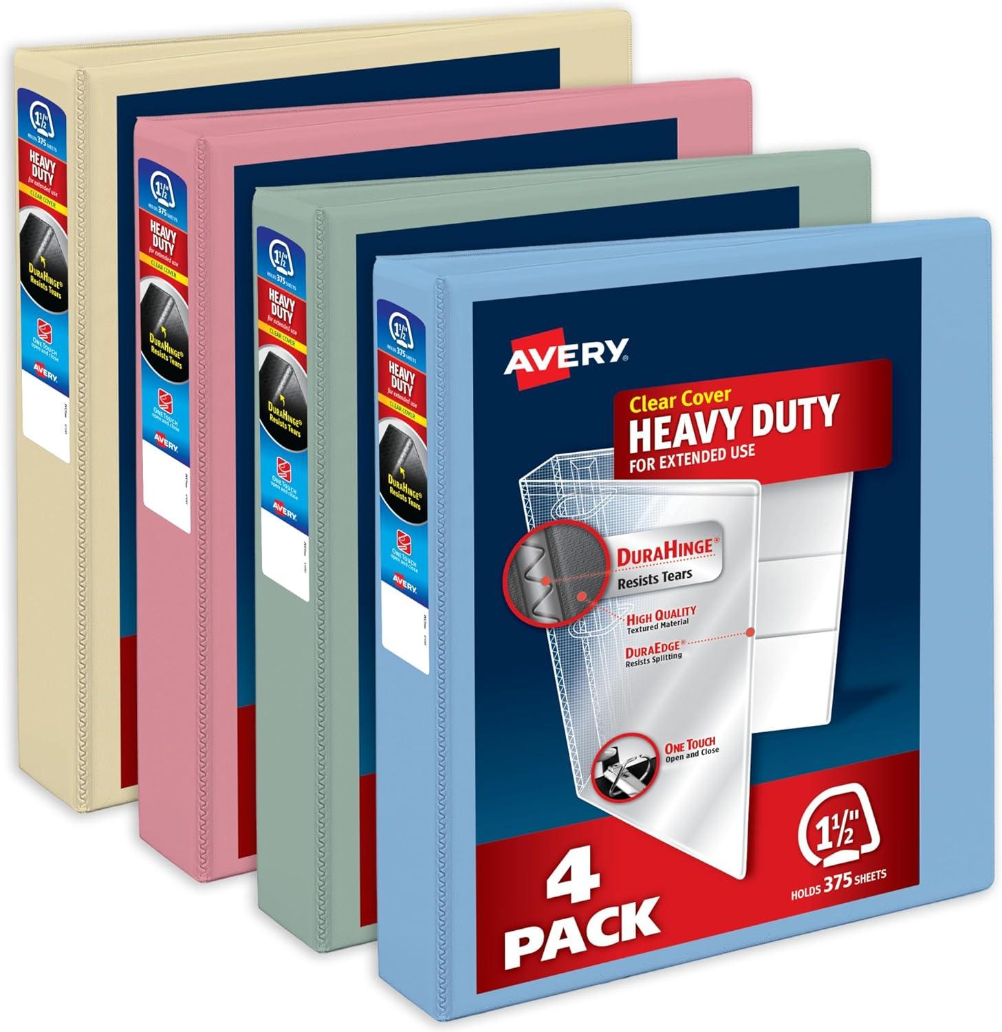 imageAvery HeavyDuty View 3 Ring Binders 15 Inch One Touch Slant Rings 375Sheet Capacity Assorted Pastel Colors 4Pack 79634  for School Office Teachers Classrooms ampamp Home OrganizationAssorted Pastels