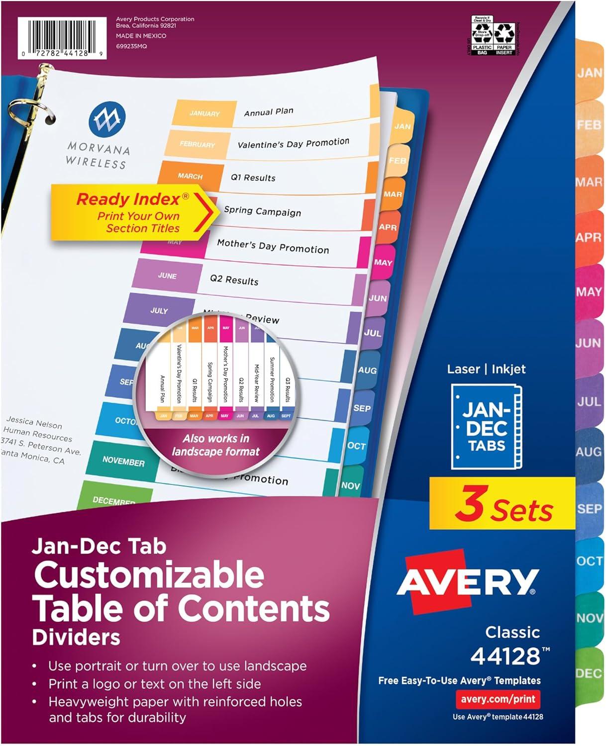 imageAvery JanDec Dividers for 3 Ring Binders 12 Tabs per Set Customizable Table of Contents Multicolor Tabs Great for Organizing Reports Projects and More 3 Sets of 44128Dividers