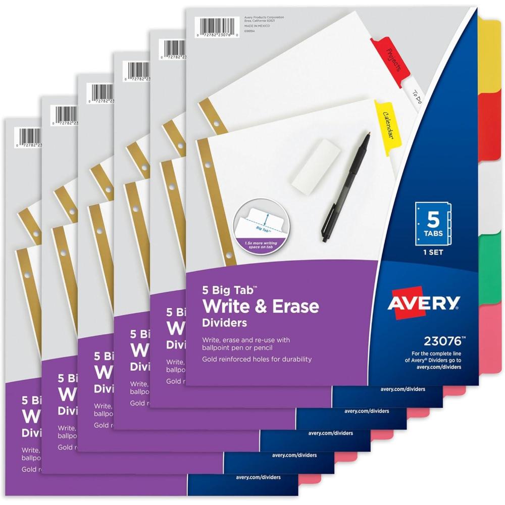 imageAvery Big Tab Write ampamp Erase Dividers for 3 Ring Binders 5Tab Set Multicolor Divider Tabs Great for Organizing Projects Reports Finances and More 6Pack of 230766 Sets